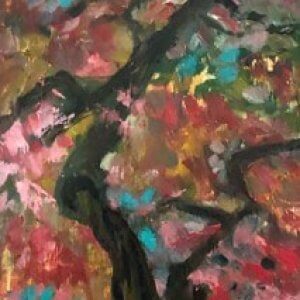 Hoda Awad, "Red Tree", ​Oil on wood, 21" x 9"​