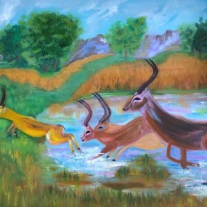 Hoda Awad, Gazelles​, Oil on canvas, 36" x 48"​