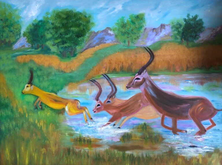 Hoda Awad, Gazelles​, Oil on canvas, 36" x 48"​