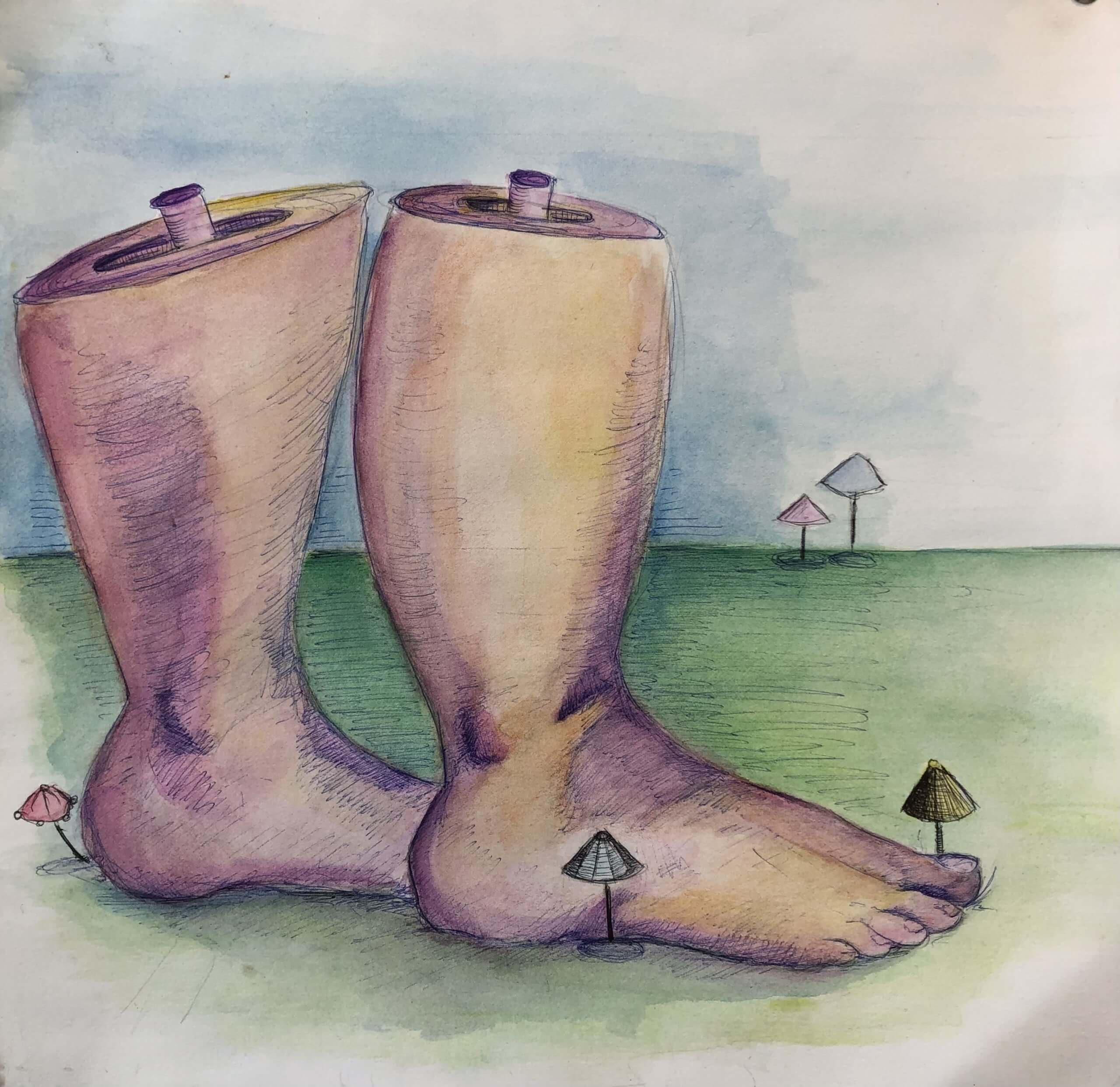 Makayla Richardson, "Feet #2," Gouache And Pen, 12" x 12.5"
