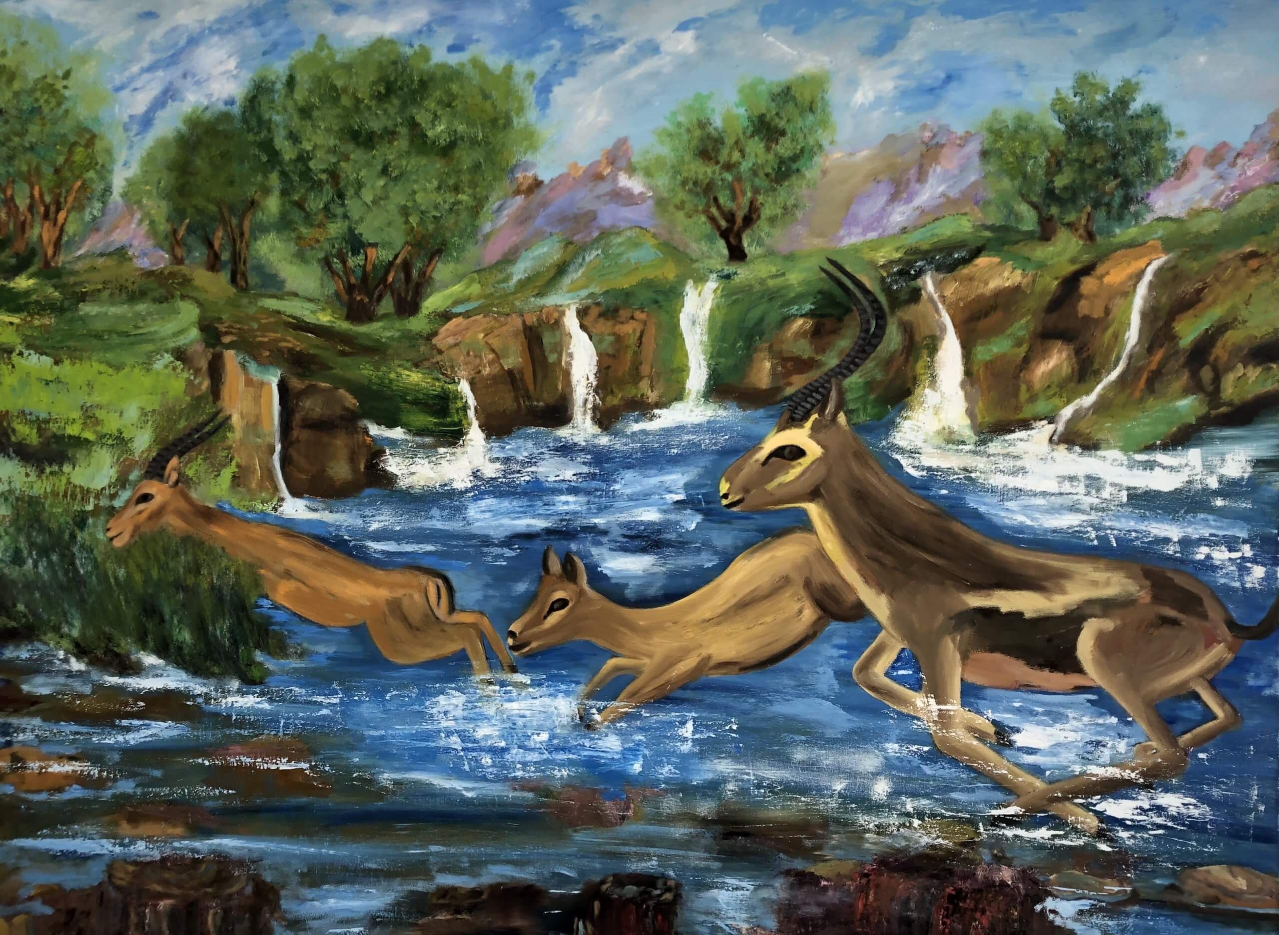 Hoda Awad, "Gazelles," Oil On Canvas, 36" x 48"