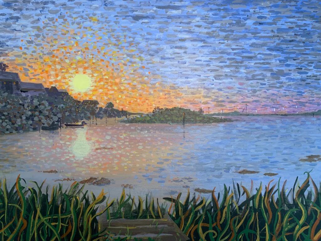 Robert Lattanzio, "Sunset At Cuttyhunk Pond," Acrylic, Painting I Fall 2019, Instructor Sandra Jeknavorian