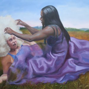 an oil painting showing two girls in a field. one girl is touching the other girl's hair, which is a large white afro