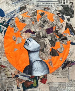 an art piece of the lower half of a face surrounded by newspapers