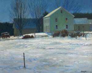 Painting of snowy farm